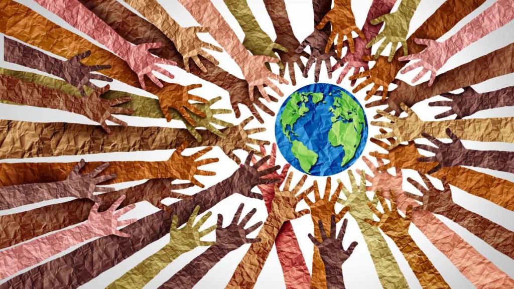 graphic showing diverse hands with a globe
