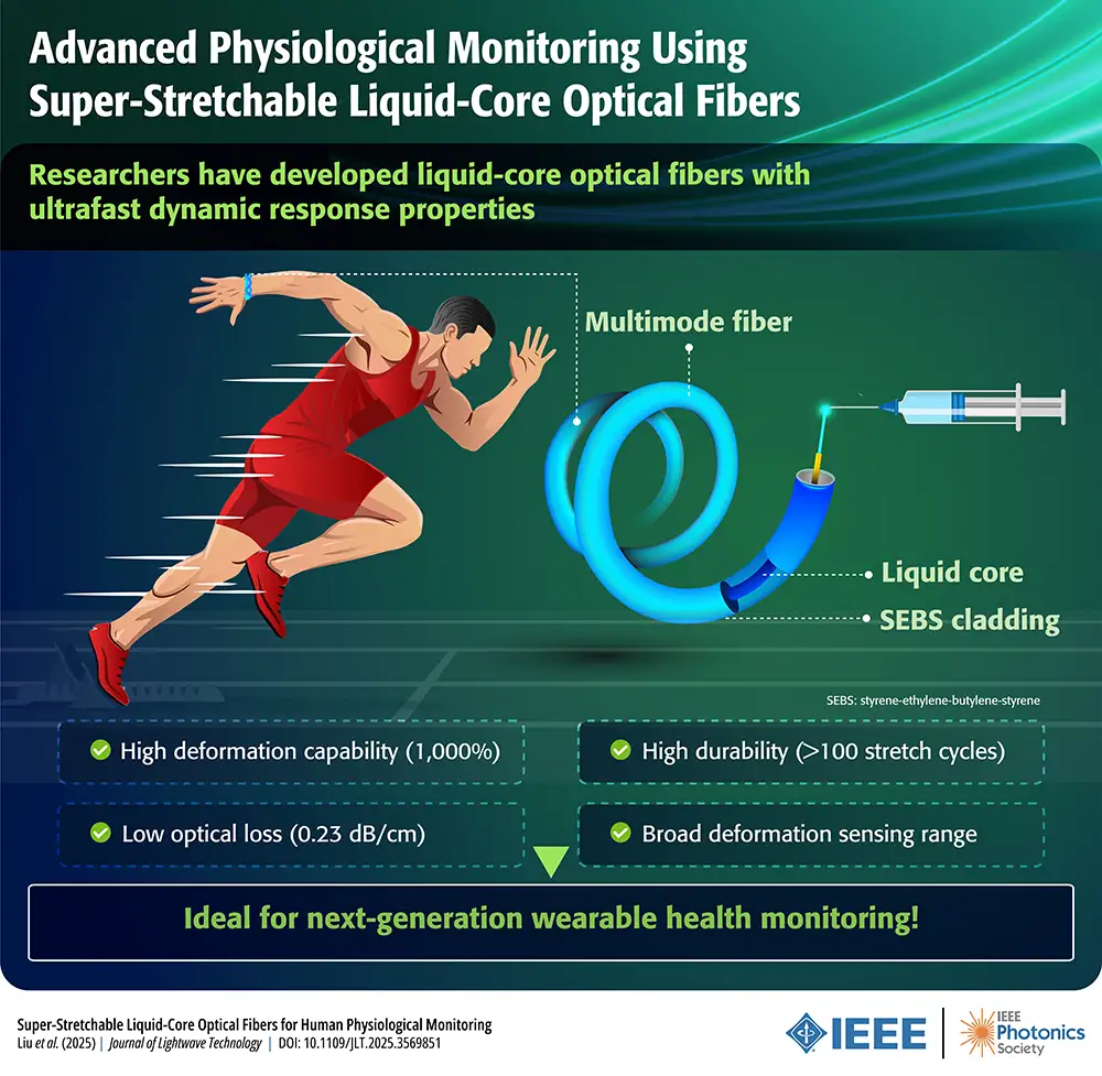 Infographic showing a runner and a coiled fiber being injected, detailing the four properties of super-stretchable liquid-core optical fibers: 1000% deformation, low optical loss (0.23 dB/cm), over 100 stretch cycles durability, and broad sensing range for wearable health monitoring.