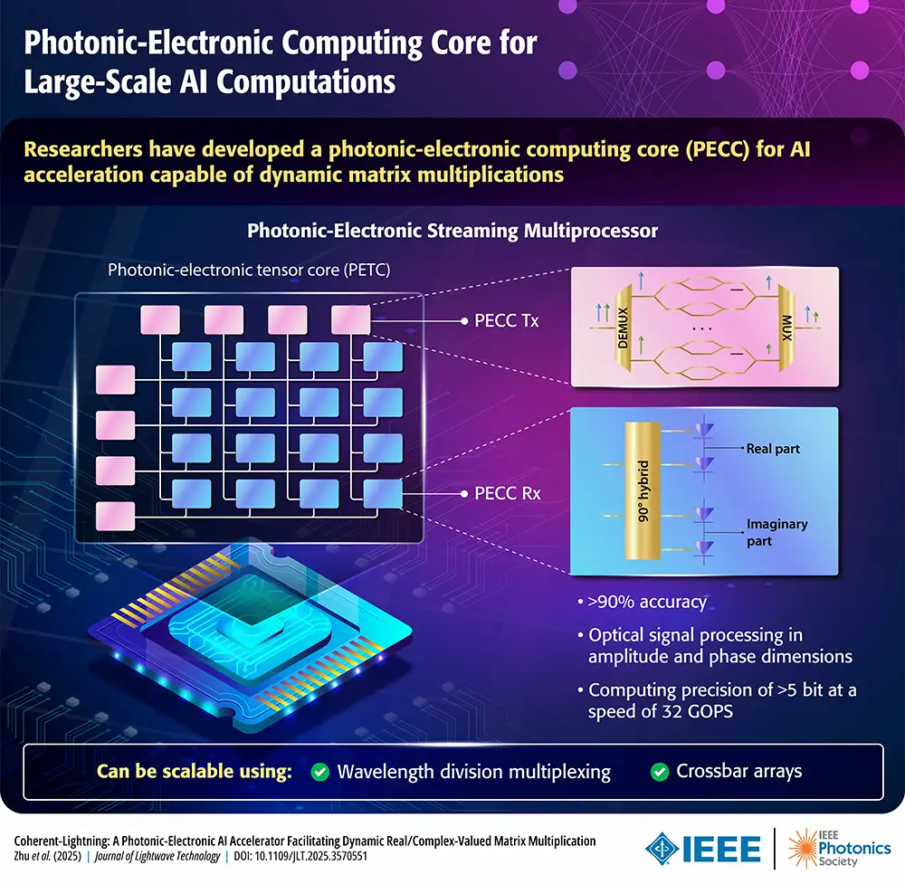 Diagram of a Photonic-Electronic Computing Core (PECC) showing a Photonic-Electronic Tensor Core (PETC) grid connected to Transmit (Tx) and Receive (Rx) modules, alongside optical components like a 90° hybrid for real/imaginary signal splitting and a DEMUX/MUX system. The core achieves >90% accuracy and >5 bit precision at 32 GOPS, and is scalable using wavelength division multiplexing and crossbar arrays.