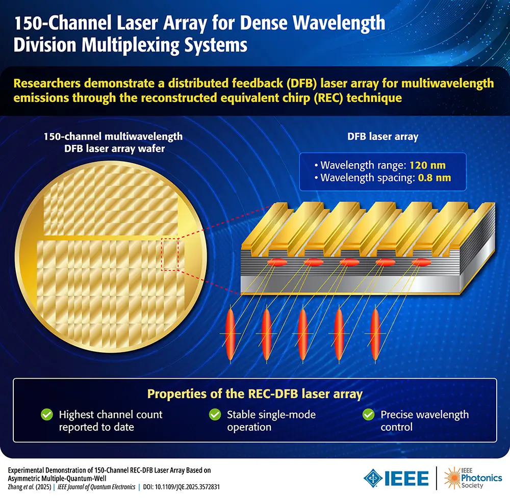 This page presents an infographic summarizing the experimental demonstration of a 150-Channel Laser Array for Dense Wavelength Division Multiplexing Systems. The core finding is that researchers successfully demonstrated a distributed feedback (DFB) laser array for multiwavelength emissions using the reconstructed equivalent chirp (REC) technique.