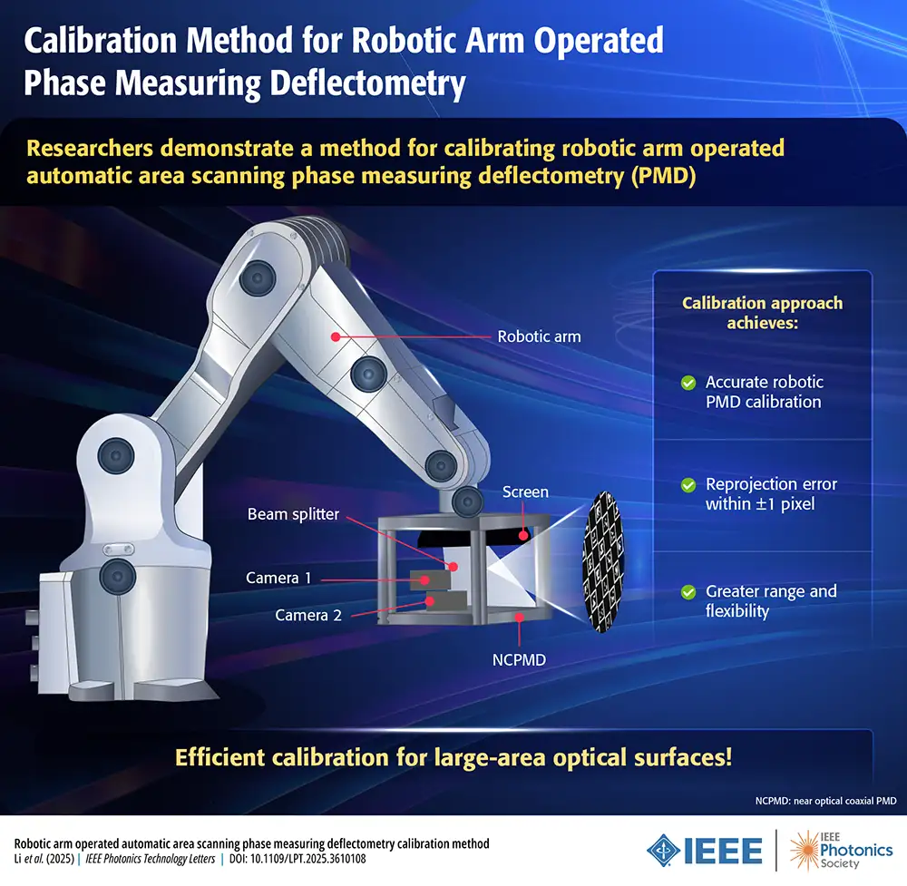 An infographic titled "Calibration Method for Robotic Arm Operated Phase Measuring Deflectometry." It features a 3D illustration of a white industrial robotic arm holding a scanning device (NCPMD) consisting of a screen, beam splitter, and two cameras. Arrows point to these components. A sidebar highlights that the method achieves accurate calibration, a reprojection error within plus or minus 1 pixel, and greater flexibility. The IEEE Photonics Society logo is at the bottom.
