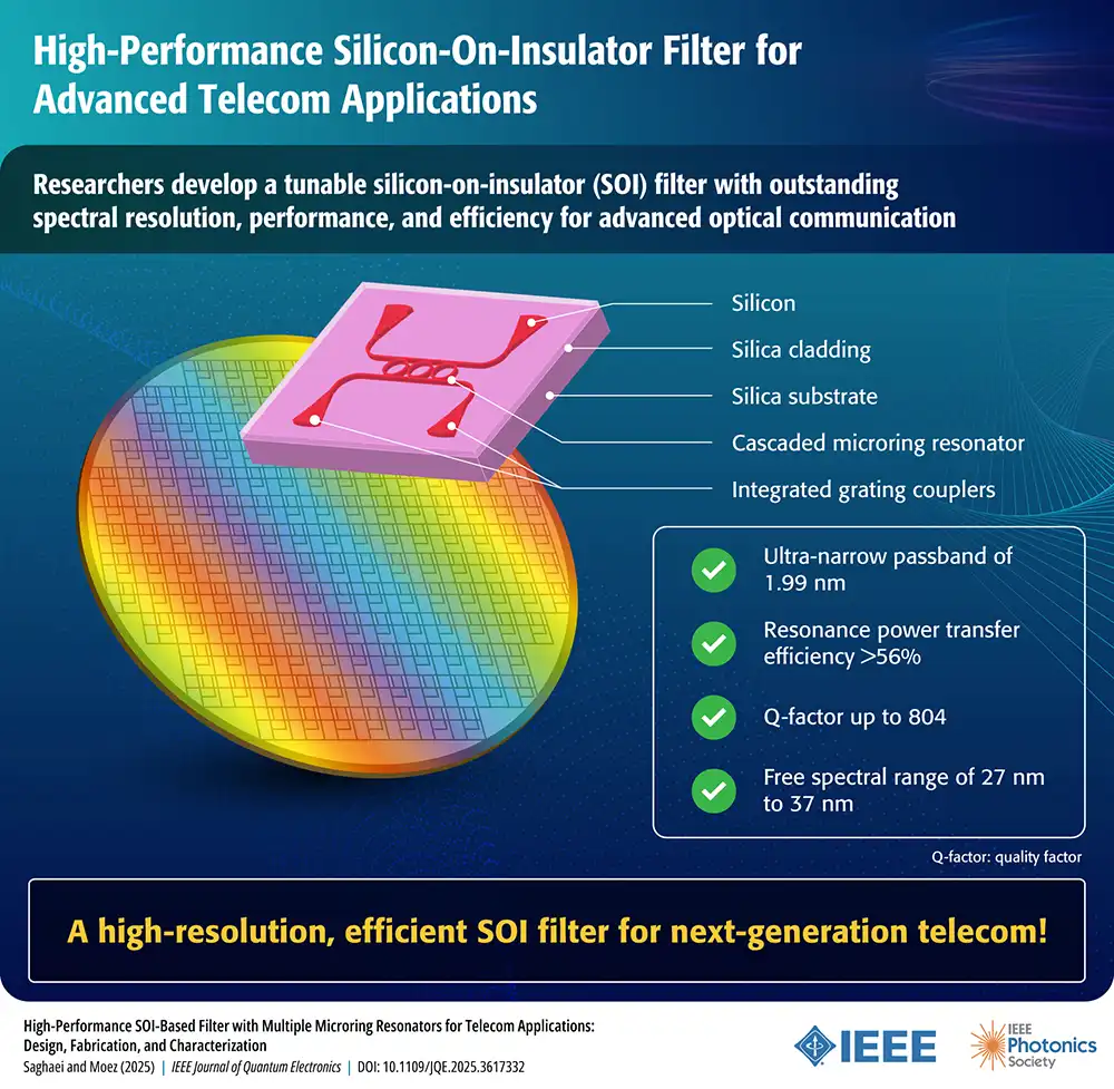 Infographic about a high-performance tunable silicon-on-insulator (SOI) filter for optical communication. It shows a multi-layered chip diagram with components like microring resonators and grating couplers, and lists key performance specs including a 1.99 nm passband and >56% efficiency. IEEE logos are at the bottom.